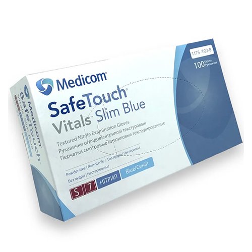 Нітрилові рукавички Medicom SafeTouch Vitals Slim розмір S (50 пар/уп), блакитні