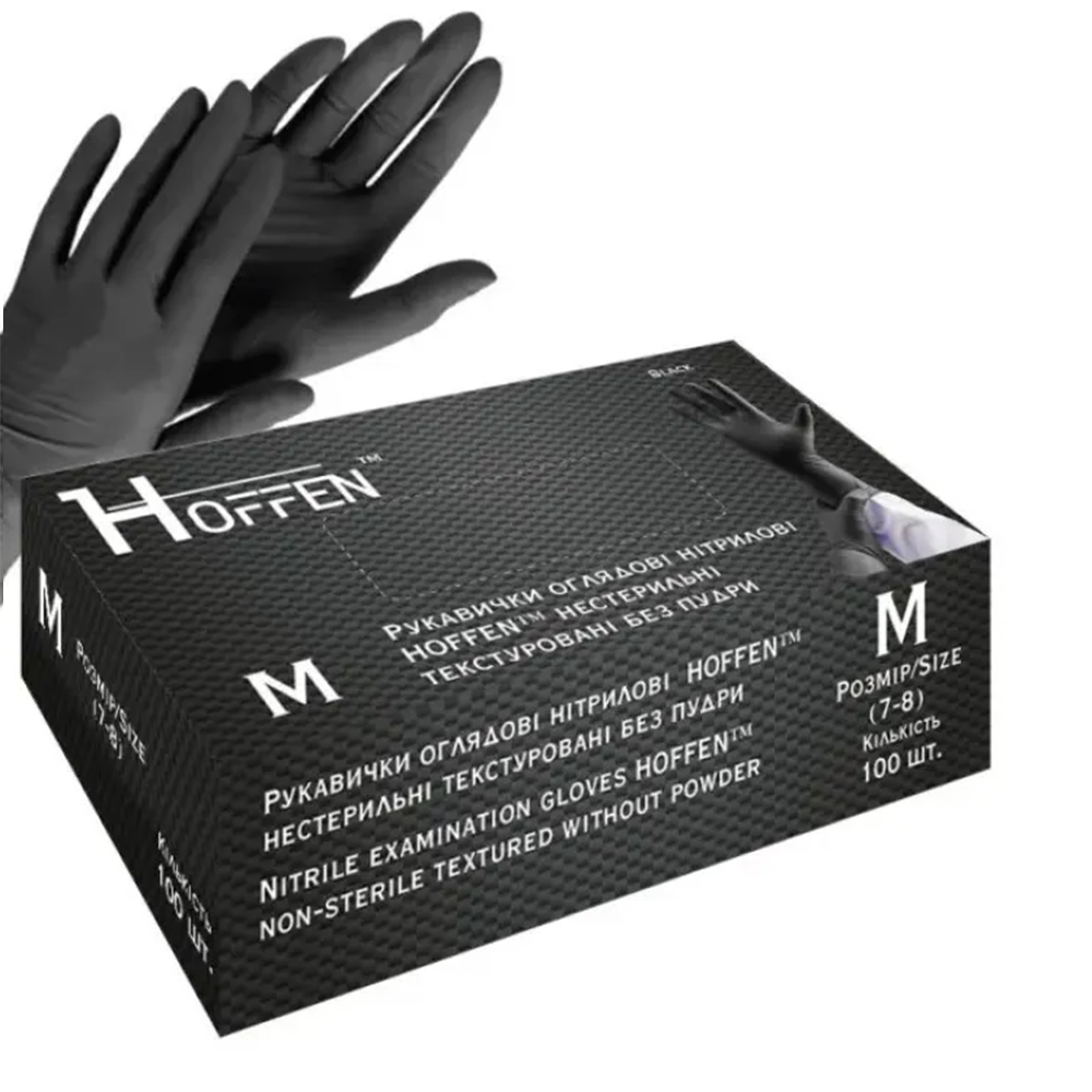 Нітрилові рукавички HOFFEN розмір M (50 пар/уп), чорні