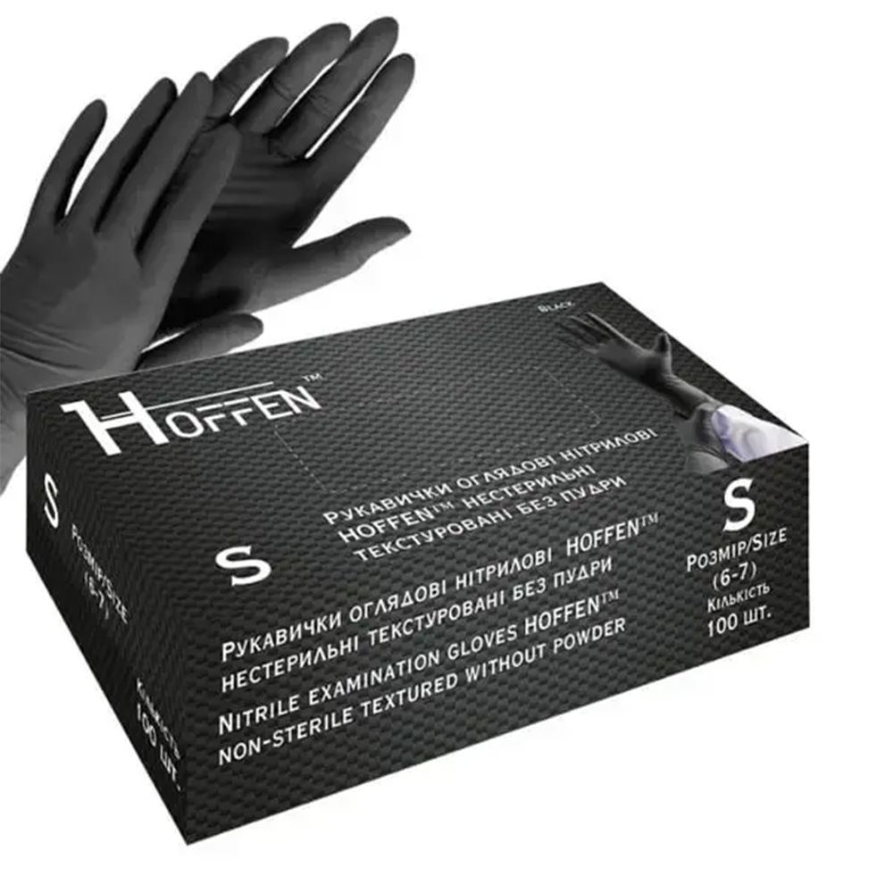 Нітрилові рукавички HOFFEN розмір S (50 пар/уп), чорні