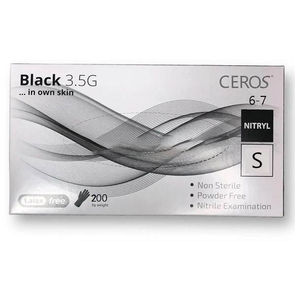 Нітрилові рукавички Ceros Black 3.5 г розмір S (200 шт), чорні
