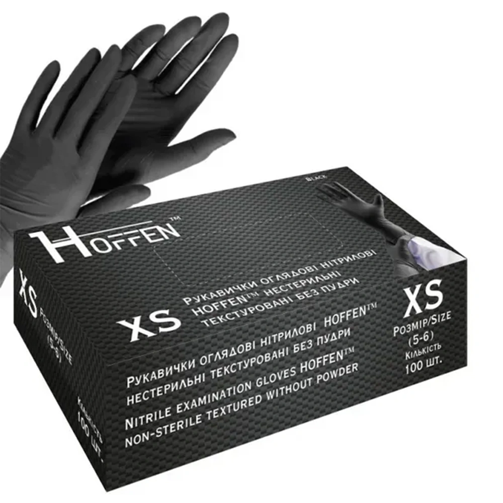 Нітрилові рукавички HOFFEN розмір XS (50 пар/уп), чорні